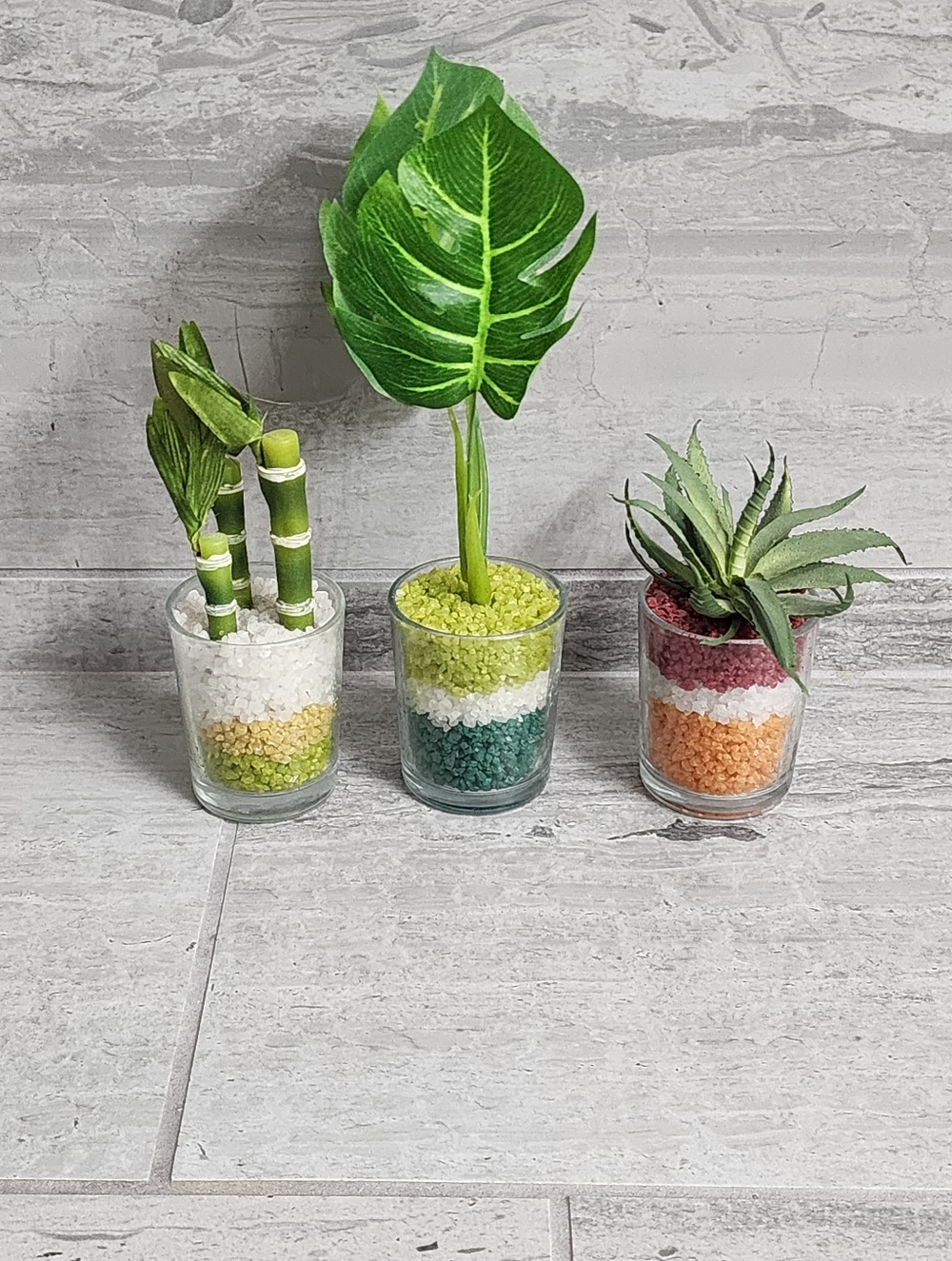 Artificial Green Leaf and Succulent Trio in Layered Decorative Rocks, Glass